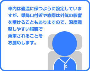 車内は適温に保つように設定していますが、乗降口付近や窓際は外気の影響を受けることもありますので、温度調整しやすい服装で乗車されることをお薦めします。
