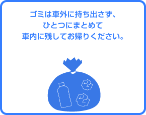 ごみは一つにして持ち出さず、ひとつにまとめて車内に残しておかえりください。
